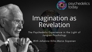 advertisement for the psychedelics today course Imagination as Revelation: Psychedelic Experience in the light of Jungian Psychology featuring a colorful ink blot symmetrical shape in the middle with mirroring photos of Carl Jungian, an old white man with receding white hair.
