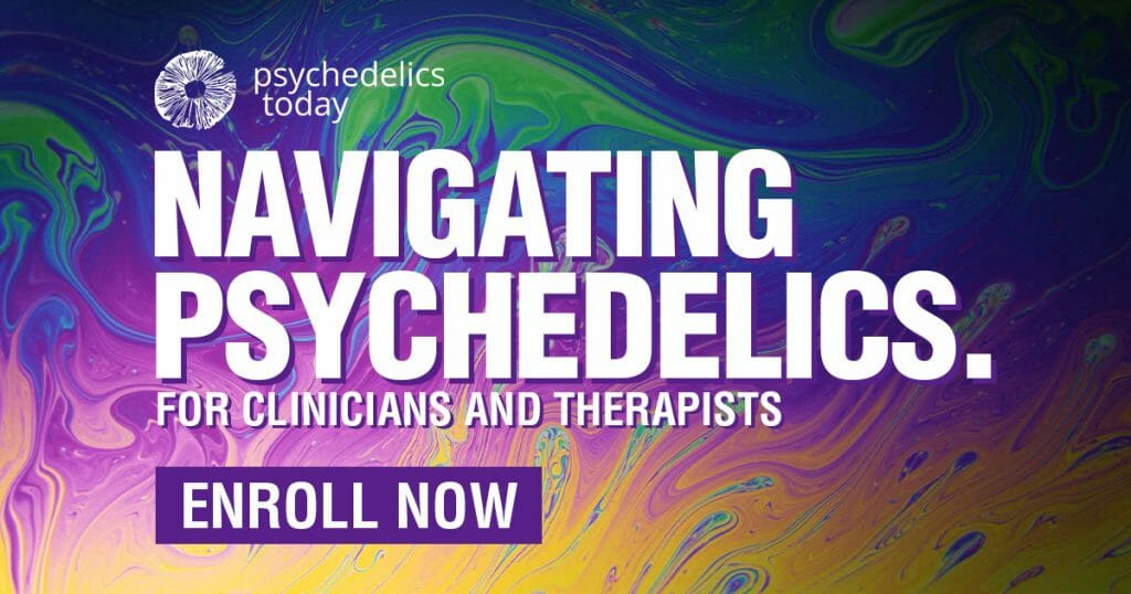 advertisement for psychedelics today course, Navigating Psychedelics for Clinicians and Therapists. Background colorful swirls of dark blue fading to purple then orange to yellow
