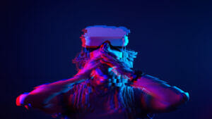 woman using virtual reality headset with glitch effect to represent psychedelic VR