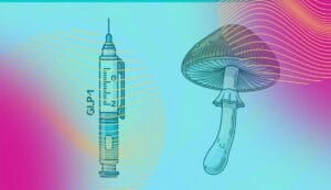 Image of a psilocybe cubensis musroom with a GLP-1 syringe.
